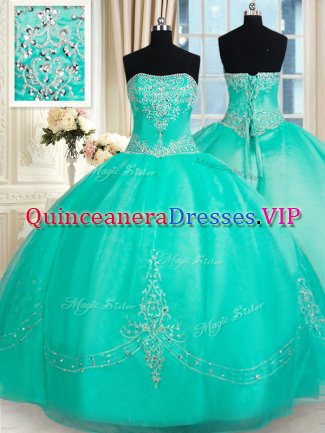 Simple Turquoise Lace Up Strapless Beading and Appliques Quinceanera Dress Organza Sleeveless
