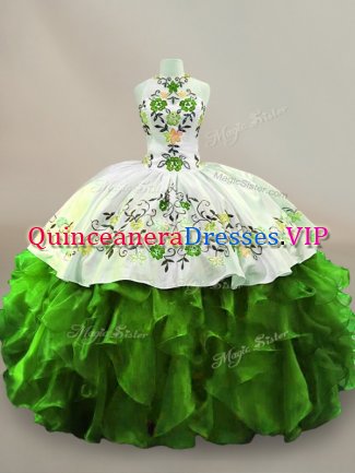 Custom Designed Floor Length Green 15 Quinceanera Dress Organza Sleeveless Embroidery