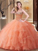 Peach Sleeveless Tulle Lace Up Quinceanera Gowns for Military Ball and Sweet 16 and Quinceanera