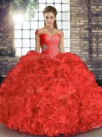 Coral Red Sleeveless Floor Length Beading and Ruffles Lace Up Quinceanera Dress