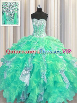 Sweetheart Sleeveless Organza and Sequined Quinceanera Gowns Beading and Ruffles and Sequins Lace Up