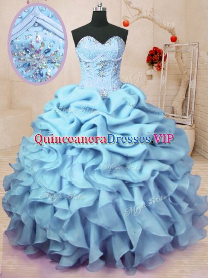 Elegant Baby Blue Sleeveless Beading and Ruffles and Pick Ups Floor Length Ball Gown Prom Dress - Click Image to Close