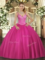 Customized Fuchsia Sleeveless Tulle Lace Up 15 Quinceanera Dress for Military Ball and Sweet 16 and Quinceanera