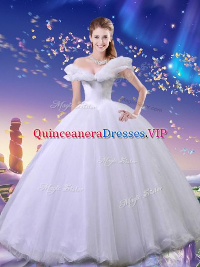 Cinderella Off the Shoulder Sleeveless Floor Length Beading and Bowknot Lace Up Sweet 16 Dresses with White - Click Image to Close