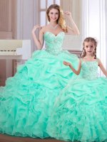 Custom Design Floor Length Lace Up Quinceanera Dresses Apple Green for Military Ball and Sweet 16 and Quinceanera with Beading and Ruffles and Pick Ups