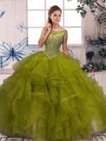 Great Olive Green Organza Zipper Sweet 16 Quinceanera Dress Sleeveless Floor Length Beading and Ruffles(SKU SJQDDT2086002-2BIZ)
