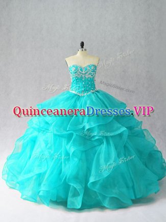 Aqua Blue Ball Gowns Organza Sweetheart Sleeveless Beading and Ruffles Floor Length Lace Up Ball Gown Prom Dress