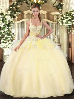 Gold Organza Lace Up Straps Sleeveless Floor Length 15 Quinceanera Dress Beading