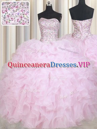 Glamorous Baby Pink Organza Lace Up Vestidos de Quinceanera Sleeveless Floor Length Beading and Ruffles