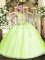 Designer Scoop Sleeveless Ball Gown Prom Dress Floor Length Beading and Appliques Yellow Green Tulle