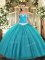 Sweet Teal Tulle Lace Up Dama Dress for Quinceanera Sleeveless Floor Length Appliques