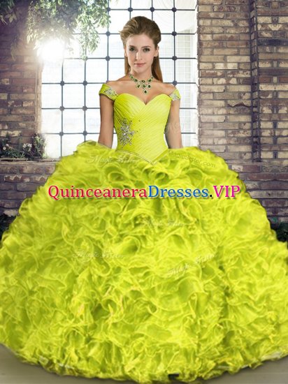Yellow Green Ball Gowns Off The Shoulder Sleeveless Organza Floor Length Lace Up Beading and Ruffles Sweet 16 Dress - Click Image to Close