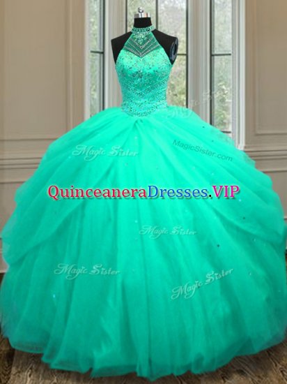 Halter Top Turquoise Sleeveless Beading and Sequins Floor Length Quinceanera Dresses - Click Image to Close