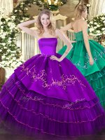 Vintage Floor Length Purple Sweet 16 Dress Organza and Taffeta Sleeveless Embroidery and Ruffled Layers
