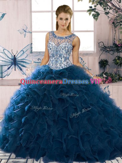 Nice Navy Blue Quince Ball Gowns Military Ball and Sweet 16 and Quinceanera with Beading and Ruffles Scoop Sleeveless Lace Up - Click Image to Close