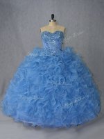 Suitable Organza Sweetheart Sleeveless Brush Train Lace Up Beading and Ruffles Quinceanera Dresses in Blue