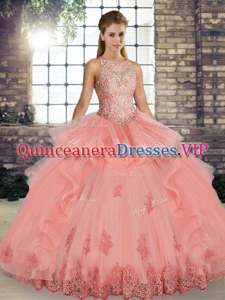 Smart Watermelon Red Ball Gowns Tulle Scoop Sleeveless Lace and Embroidery and Ruffles Floor Length Lace Up Sweet 16 Dress