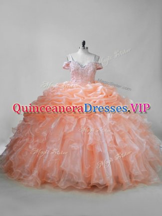 Orange Ball Gowns Beading and Ruffles and Pick Ups Ball Gown Prom Dress Lace Up Organza Sleeveless