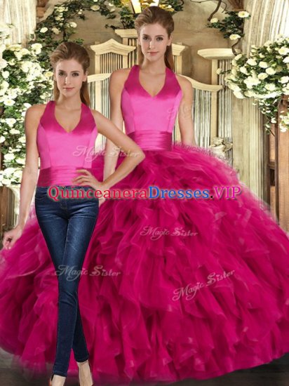 Fuchsia Sweet 16 Quinceanera Dress Sweet 16 and Quinceanera with Ruffles Halter Top Sleeveless Lace Up - Click Image to Close