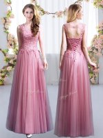 Sleeveless Floor Length Lace Lace Up Dama Dress for Quinceanera with Pink