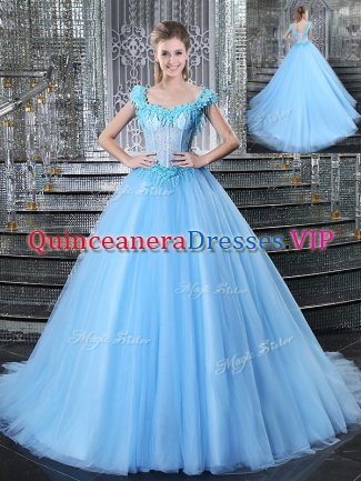 Straps Light Blue Sleeveless Tulle Brush Train Lace Up Quince Ball Gowns for Military Ball and Sweet 16 and Quinceanera