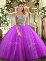 Ball Gowns Quince Ball Gowns Fuchsia Off The Shoulder Tulle Sleeveless Floor Length Lace Up