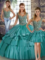 Teal Three Pieces Straps Sleeveless Taffeta Floor Length Lace Up Beading and Ruffled Layers Quinceanera Gowns