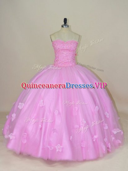 Floor Length Lilac Sweet 16 Dresses Tulle Sleeveless Beading and Hand Made Flower - Click Image to Close