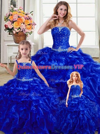 Royal Blue Sleeveless Organza Lace Up Quinceanera Gown for Military Ball and Sweet 16 and Quinceanera - Click Image to Close