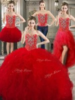 Discount Four Piece Floor Length Red Sweet 16 Dresses Sweetheart Sleeveless Lace Up