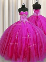 Elegant Really Puffy Fuchsia Ball Gowns Tulle Sweetheart Sleeveless Beading and Appliques Floor Length Lace Up Quinceanera Gown