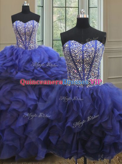 Captivating Three Piece Sleeveless Organza Floor Length Lace Up Ball Gown Prom Dress in Royal Blue with Beading and Ruffles - Click Image to Close