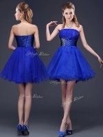 Organza Strapless Sleeveless Lace Up Beading and Ruching Quinceanera Court Dresses in Royal Blue