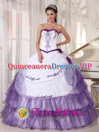 White and Purple Sweetheart Satin and Organza Embroidery floral decorate Cheap Ball Gown Quinceanera Dress For Burlington Massachusetts/MA