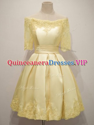 Fancy Yellow Taffeta Lace Up Dama Dress for Quinceanera Half Sleeves Knee Length Lace