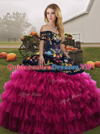 Suitable Ball Gowns Sweet 16 Dress Fuchsia Off The Shoulder Organza Sleeveless Floor Length Lace Up