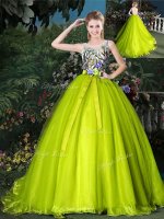 Flirting Scoop Yellow Green Sleeveless Organza Court Train Lace Up Quince Ball Gowns for Prom and Sweet 16 and Quinceanera(SKU YCQD0154-8BIZ)