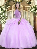 Excellent High-neck Sleeveless Organza Quinceanera Gowns Beading Lace Up