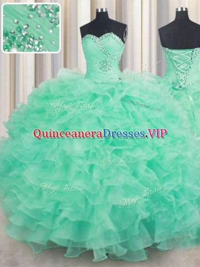 Sleeveless Floor Length Beading and Ruffles Lace Up 15 Quinceanera Dress with Turquoise - Click Image to Close