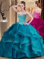 Teal Sweetheart Neckline Beading and Ruffles Ball Gown Prom Dress Sleeveless Lace Up(SKU SJQDDT907002BIZ)