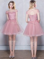 Admirable Scoop Lace and Appliques and Belt Quinceanera Dama Dress Pink Lace Up Short Sleeves Mini Length