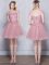 Admirable Scoop Lace and Appliques and Belt Quinceanera Dama Dress Pink Lace Up Short Sleeves Mini Length