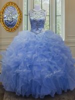 Extravagant Blue Organza Lace Up Scoop Sleeveless Floor Length Quinceanera Dresses Beading and Ruffles