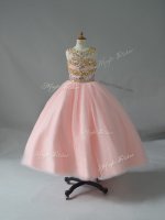 Best Pink Tulle Backless Little Girl Pageant Gowns Sleeveless Floor Length Beading