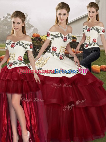 Discount Wine Red Ball Gowns Off The Shoulder Sleeveless Tulle Brush Train Lace Up Embroidery and Ruffled Layers Sweet 16 Quinceanera Dress - Click Image to Close