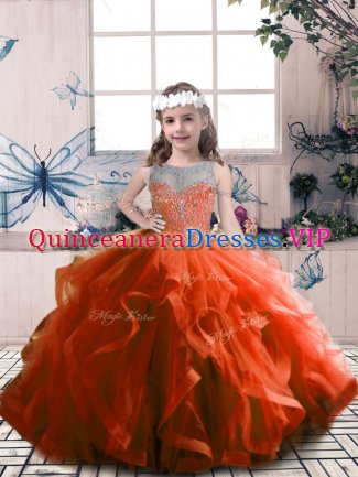 Rust Red Sleeveless Beading Floor Length Little Girls Pageant Dress