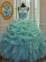 Scoop Floor Length Lace Up Sweet 16 Quinceanera Dress Green for Military Ball and Sweet 16 and Quinceanera with Beading and Ruffles and Pick Ups