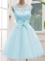 Eye-catching Knee Length Aqua Blue Quinceanera Dama Dress Scoop Sleeveless Lace Up