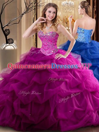 Designer Fuchsia Sleeveless Floor Length Beading and Ruffles Lace Up Vestidos de Quinceanera