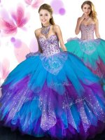 Tulle Sleeveless Floor Length Quinceanera Gown and Beading and Ruffled Layers